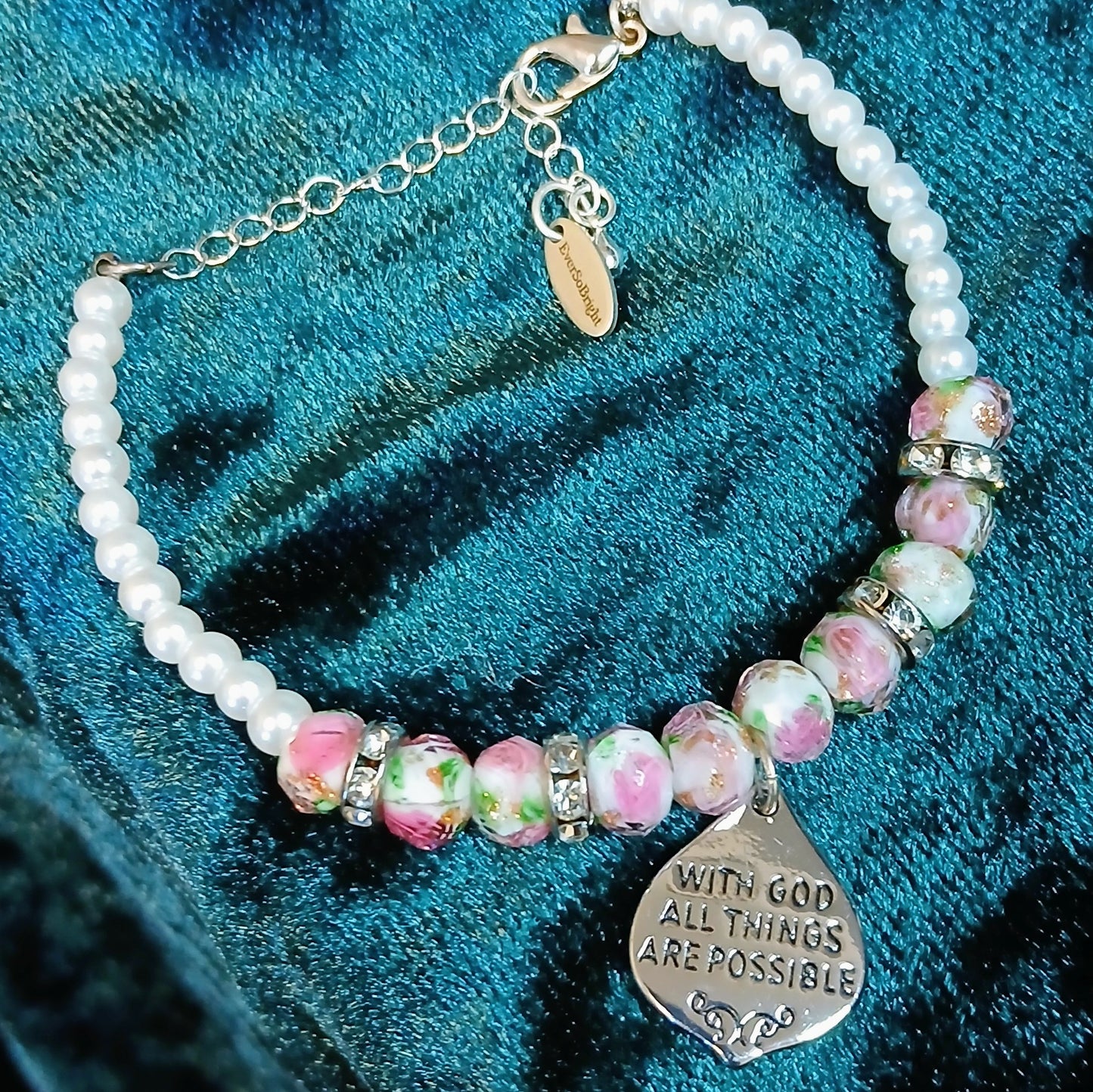 Possible - White Glass Pearl and Rose Design Glass Rondelle Bracelet