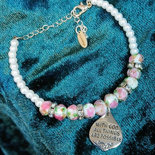 Possible - White Glass Pearl and Rose Design Glass Rondelle Bracelet