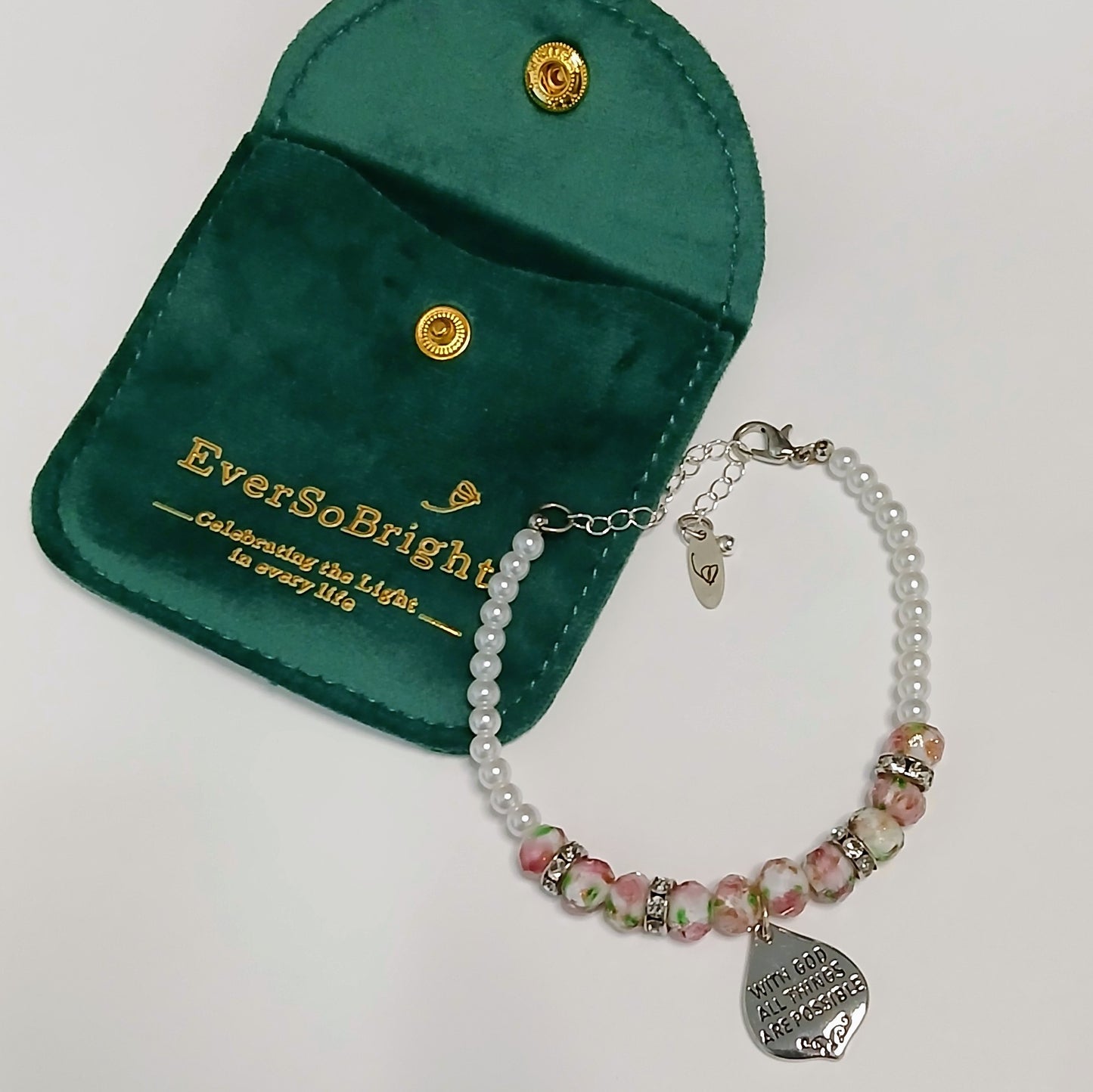 Possible - White Glass Pearl and Rose Design Glass Rondelle Bracelet