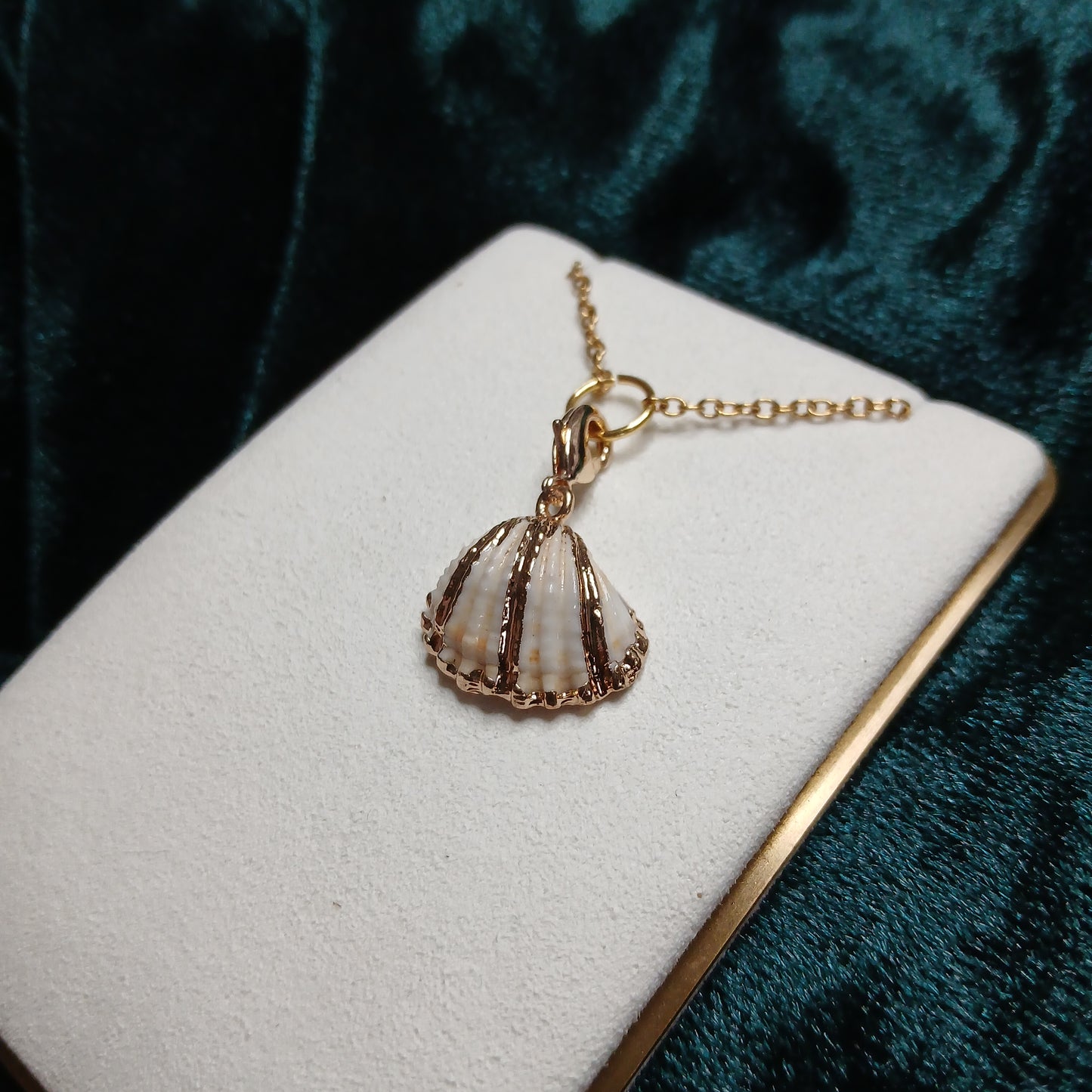 Gold foil shell pendant on a white cushion against a dark green velvet background