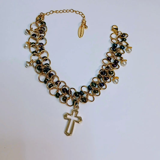 Through Him - Iridescent Bead Chainmaille Cross Bracelet with Flower Capped Pearls