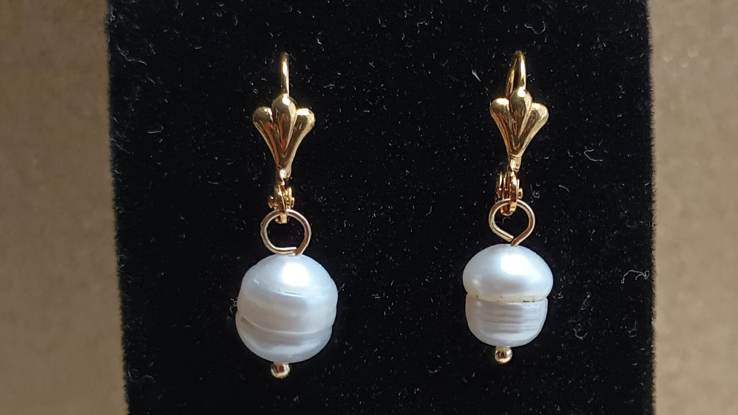 Unique - Cultured Pearl Gold Plated Shell Detail Leverback Earrings